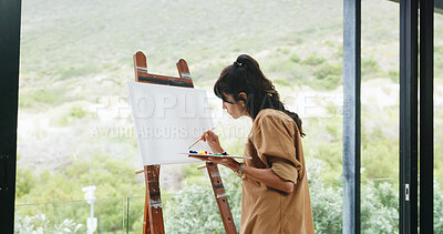 Buy stock photo Window, woman and painting on blank canvas in home for creative activity, artwork creation or design. Mockup space, female artist and easel on balcony for exhibition project, self expression or hobby