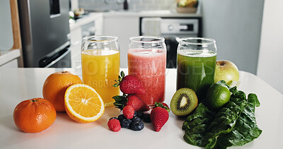 Buy stock photo Nutrition, fruit and juice in kitchen for detox, antioxidants and vegan drink. Wellness, gut health and vegetables with organic liquid and ingredients in home for diet, breakfast and weight loss