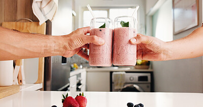 Buy stock photo Smoothie, toast or hands in kitchen with fruit drink, organic nutrition or antioxidant benefits. People, strawberry or protein shake cheers in home for digestive health, morning beverage or hydration