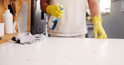 Buy stock photo Spring cleaning, hands and spray at kitchen counter with disinfectant, housework gloves or sanitation of surface. Space, chores or person in house with detergent, bacteria or germ removal with liquid
