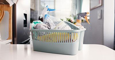 Buy stock photo Spring cleaning, task or container in kitchen with products, fresh or sanitation in home maintenance. Disinfection, chores or crate in house with items, bacteria or germ removal in hygiene routine.