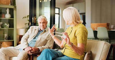 Buy stock photo Sofa, fight and senior couple with argument in home for cheating drama, affair accusation or blame. Retirement, old people and disagreement in house for toxic relationship, marriage crisis or divorce