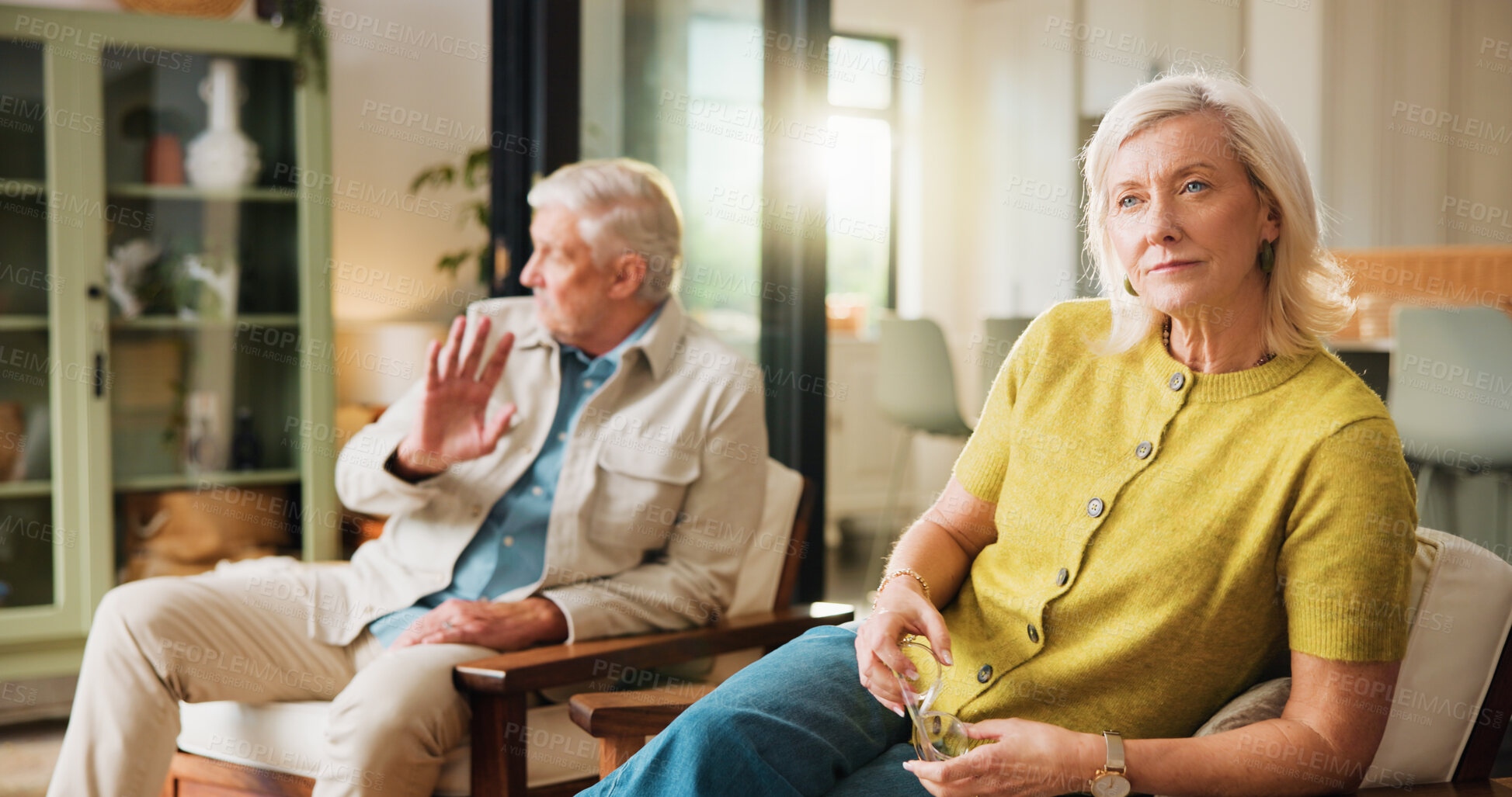 Buy stock photo Ignore, woman and old couple with fight on sofa for toxic marriage, betrayal drama or disagreement. Flare, senior people and argument in home for relationship crisis, cheating accusation and divorce