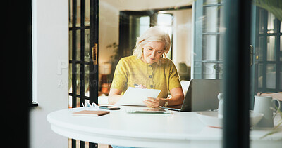 Buy stock photo Documents, planning and taxes with old woman in home for retirement fund, mortgage payment and budget. Banking paperwork, savings account and pension review with senior person reading for audit