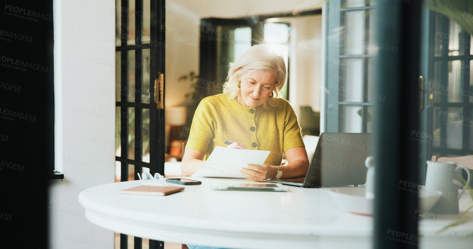 Buy stock photo Documents, planning and taxes with old woman in home for retirement fund, mortgage payment and budget. Banking paperwork, savings account and pension review with senior person reading for audit