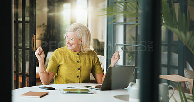 Buy stock photo Fist pump, laptop and remote work with mature woman in home for bonus, milestone or reward. Celebration, computer and success with excited freelance employee in apartment for good news as winner