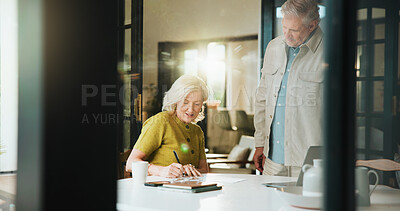 Buy stock photo Documents, signature and taxes with old couple in home for retirement fund, mortgage payment and budget. Banking forms, savings account and pension review with senior man and woman in house for audit