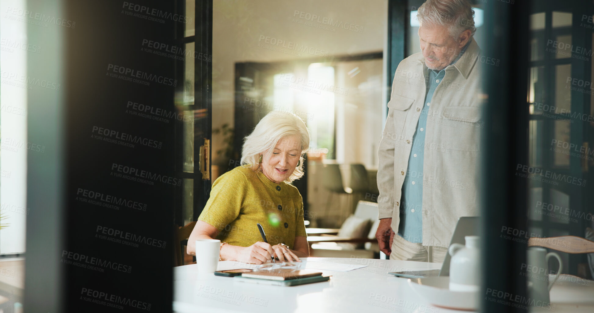 Buy stock photo Documents, signature and taxes with old couple in home for retirement fund, mortgage payment and budget. Banking forms, savings account and pension review with senior man and woman in house for audit