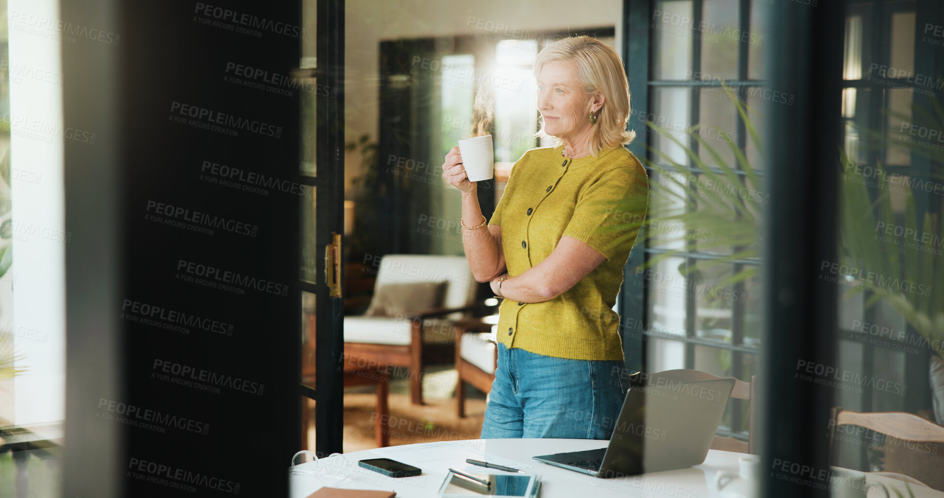 Buy stock photo Woman, coffee and remote work from home with thinking, smile or reflection on break with decision. Mature person, happy and freelance writer with perspective, inspiration or drink in morning at house