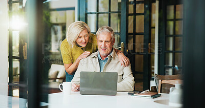 Buy stock photo Laptop, planning and smile with old couple in home for retirement fund, profit and budget. Online banking, savings account bonus and pension review with senior man and woman in house for audit