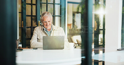 Buy stock photo Happy, home and senior man on laptop for online banking, digital payment and financial account. Retirement, house and mature person on computer for finance, insurance or savings investment on website