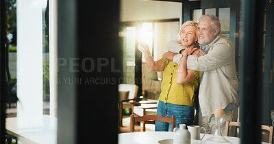Buy stock photo Hug, smile and love with old couple in home for support, retirement and bonding. Marriage, connection and happiness with senior man and woman in house for loyalty, commitment and trust together