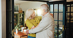 Care, smile and love with old couple in home for support, retirement and bonding. Marriage, connection and happiness with senior man and woman in house for loyalty, commitment and trust together