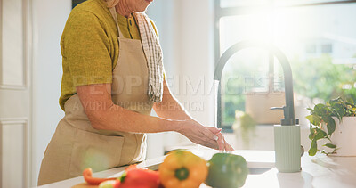 Buy stock photo Washing hands, faucet and cooking in kitchen with vegetables, recipe and water for bacteria at home. Person, cleaning pepper and ingredients with prepare, diet or hygiene for nutrition in retirement