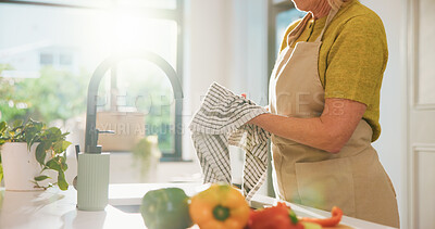 Buy stock photo Hands, cloth and cleaning with vegetables in kitchen, recipe and dirt removal with flare at apartment. Person, organic produce and ingredients at basin, hygiene or nutrition in morning at house