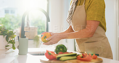 Buy stock photo Hands, faucet and washing vegetables in kitchen, sink and water for dirt removal at apartment. Person, cleaning pepper and ingredients with tap, diet or clean for hygiene with nutrition at house