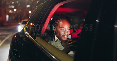 Buy stock photo Night, smile or black woman in car window with phone, online chat or notification on dating app. Happiness, bokeh or girl in vehicle with tech, romance match or partner search in late evening commute