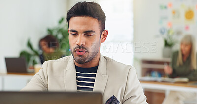 Buy stock photo Reading, business man and laptop in office for editing press release, monitor news coverage or review. Coworking, media relations manager and tech at PR agency for online inquiry and email response
