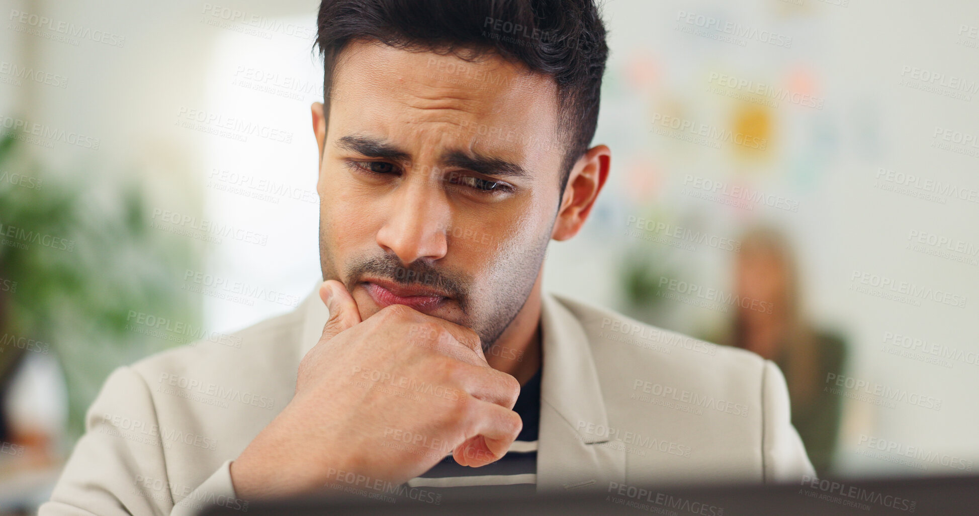 Buy stock photo Thinking, laptop and planning with business man in office for research, reflection and debt solution. Insolvency expert, vision and finance advisor with person in agency for idea and problem solving