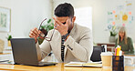 Man, laptop and headache with eye strain at startup, frustrated and stress with glasses at office. Person, migraine and computer with eyesight, project or burnout with deadline at creative agency