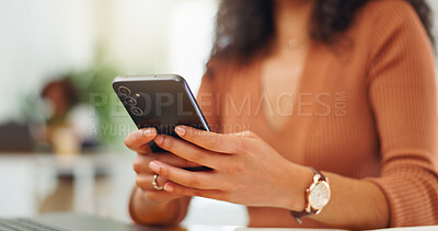 Buy stock photo Texting, employee and hands with smartphone, research and reporter with info on social media or web. Newsroom, journalist and person with mobile for message, fact check and communication with source