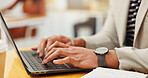 Research, laptop and hands of business person in office for typing, online report and email newsletter. Digital schedule, project and planning with employee and tech in agency for startup and web