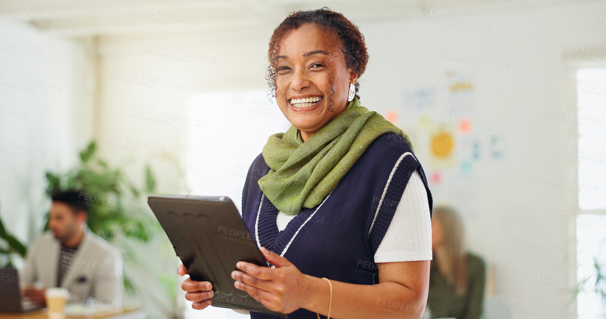Buy stock photo Happy, creative and portrait of woman on tablet with confidence, pride and smile for editing career. Media agency, publisher and journalist on digital tech for online article, copywriting and website