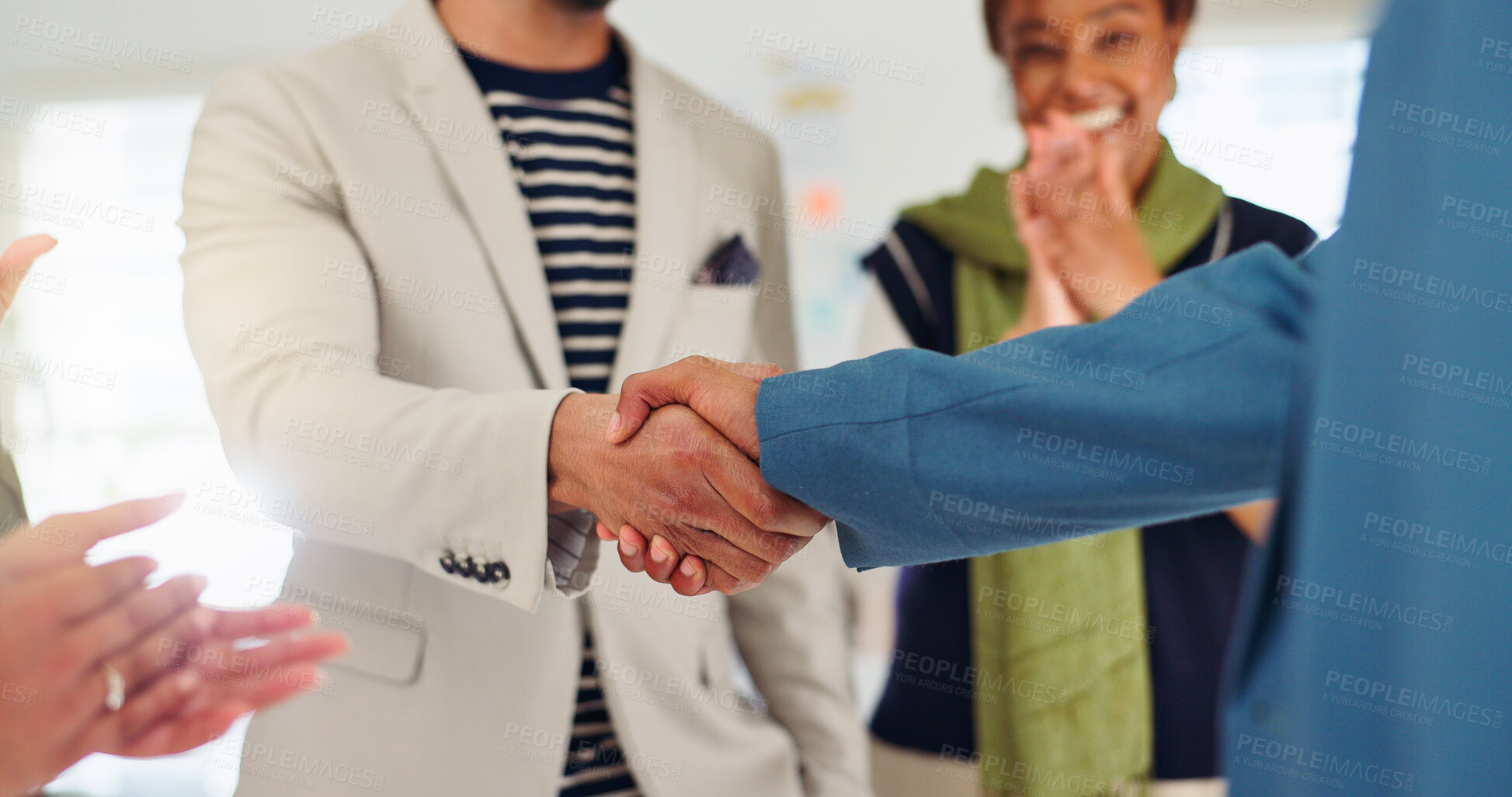 Buy stock photo Shaking hands, team and applause with celebration at startup, support and motivation for goals at office. People, group and happy with success, handshake or excited for achievement at creative agency