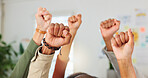 Business, support or people with fist in protest for corporate injustice, unfair wages or solidarity. Employee rights, group and hands raised at work for salary inequity, office community and change