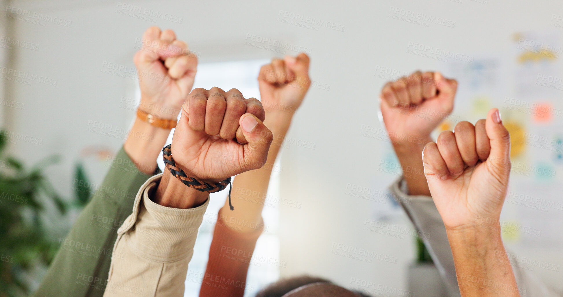 Buy stock photo Business, support or people with fist in protest for corporate injustice, unfair wages or solidarity. Employee rights, group and hands raised at work for salary inequity, office community and change