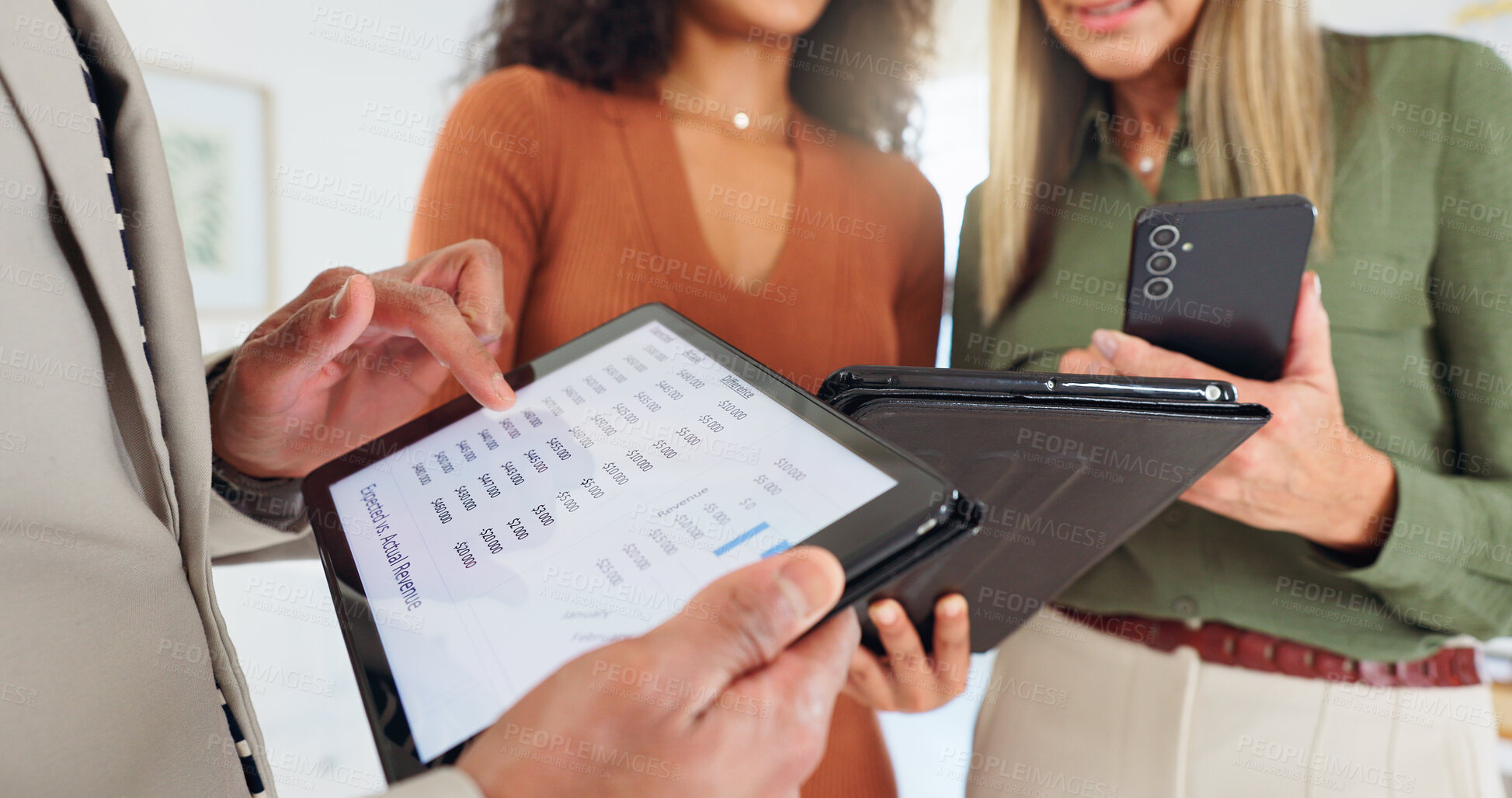 Buy stock photo Meeting, screen and hands of business people on tablet for research, finance analysis and statistics. Team, discussion and workers on digital tech for financial review, investment and budget planning