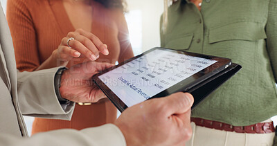 Buy stock photo Finance, screen and hands of business people on tablet for research, expense analysis and numbers. Team, discussion and workers on digital tech for financial review, investment and budget planning