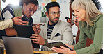 Man, stress and crisis with team, laptop and review for time management with deadline at media company. Person, computer and chaos with tablet, phone or overwhelmed with group at creative agency