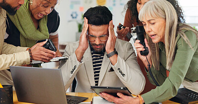 Buy stock photo Man, headache and chaos with team, overwhelmed and review for project with deadline at media company. Person, computer and crisis with stress, pain and multitasking with brain fog at creative agency