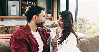 Buy stock photo Home, relax and happy couple on couch, love and bonding together with relationship. Apartment, man and woman on sofa, marriage and care with trust, romance and discussion with break and support