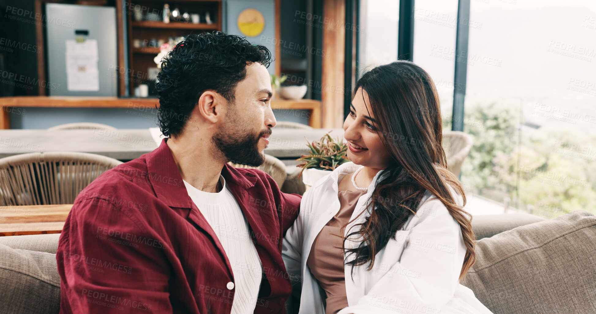 Buy stock photo Home, relax and happy couple on couch, love and bonding together with relationship. Apartment, man and woman on sofa, marriage and care with trust, romance and discussion with break and support