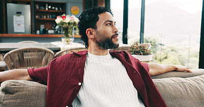 Buy stock photo Break, cozy and thinking with man on sofa in living room of home for me time or wellness. Chilling, idea and vision with thoughtful person in apartment for morning inspiration or weekend planning