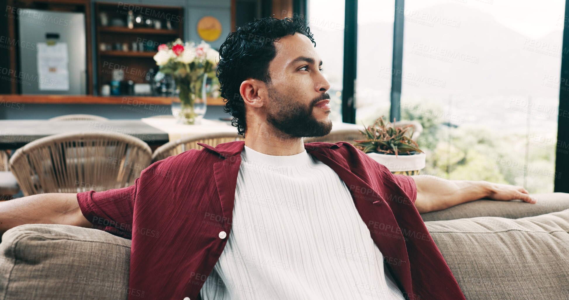 Buy stock photo Break, cozy and thinking with man on sofa in living room of home for me time or wellness. Chilling, idea and vision with thoughtful person in apartment for morning inspiration or weekend planning
