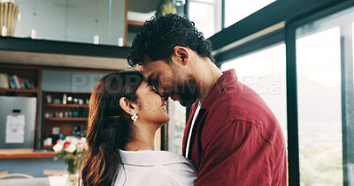 Buy stock photo Love, forehead touch and happy couple in home with care, connection and marriage commitment. Smile, man and woman in apartment with romance, bonding together and trust with healthy relationship