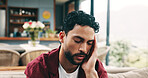 Tired man, headache and eye strain with pain on sofa for burnout, fatigue or stress in home. Frustrated, male person or vertigo with sore head, injury or migraine for dizziness, anxiety or pressure