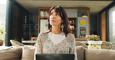 Buy stock photo Laptop, research and thinking with woman on sofa in living room of home for vacation itinerary. Computer, idea and travel planning with mature person in apartment for online booking of accommodation