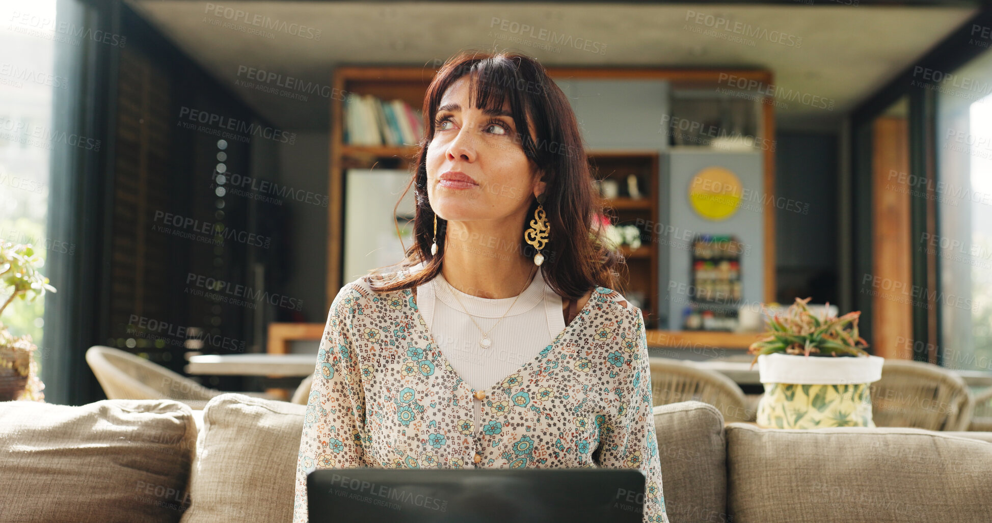 Buy stock photo Laptop, research and thinking with woman on sofa in living room of home for vacation itinerary. Computer, idea and travel planning with mature person in apartment for online booking of accommodation