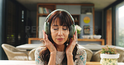 Buy stock photo Break, headphones and meditation with woman on sofa in living room of home for stress relief. Audio therapy, balance and inner peace with mature person in apartment for mental health or wellness