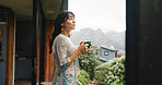 Thinking, calm and woman with coffee cup on balcony, morning reflection or mental preparation for day. Home, mindfulness or mature person contemplating idea with tea, thoughtful or daily goal setting