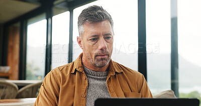 Buy stock photo Remote work, home and mature man for online article, website research and proofreading. Freelancer, living room and person on computer for editing news report, story review and planning in house