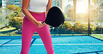 Padel tennis, hands and woman outdoor for fitness, training and performance. Court game, cardio and workout or club competition with person in match for athlete, exercise and racket tournament