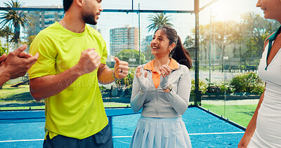 Buy stock photo Group, people and applause for tennis outdoor for fitness, match practice and game success. Happy, friends and clapping hands for competition, sports achievement and celebration on winning tournament