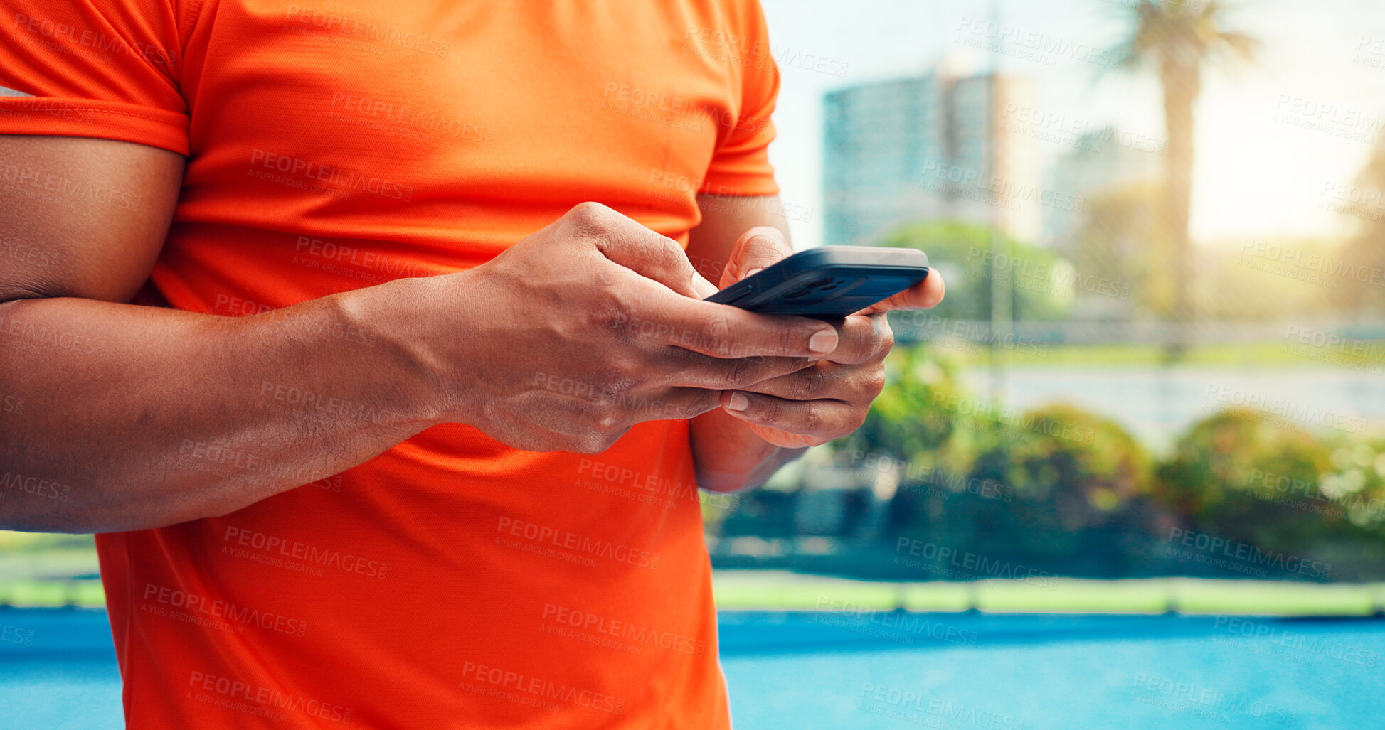 Buy stock photo Phone, fitness and hands of man on court with networking, communication or texting on mobile app. Technology, sports and male athlete with typing on cellphone for chatting, contact or social media.