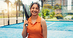 Happy, padel and portrait of woman on court for fitness, training or match with confidence. Sports, smile and female athlete with racket outdoor for workout, practice or game with pride in Mexico.