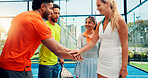 Padel, stack of hands and athletes on court for fitness, workout or training together for match. Happy, friends and group of people with teamwork for exercise, sports or practice for game outdoor.